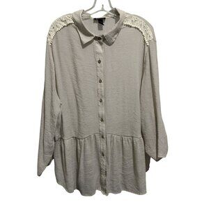 I.N Studio Women 3X Taupe Peplum Blouse Shoulder Lace Cottagecore Babydoll Flowy